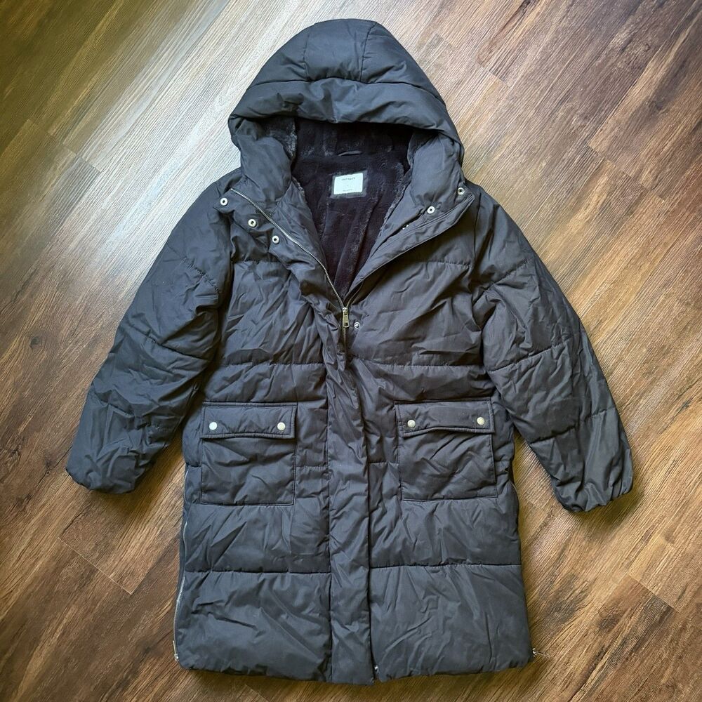 Women's L Faux Fur Lined Puffer Coat, Black Old Navy Long Hooded Parka Jacket